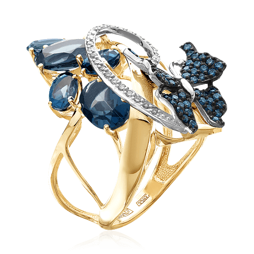 Кольцо в виде бабочки с топазом, бриллиантами из желтого золота 585 пробы (арт. 66026)
