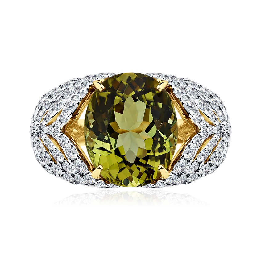 Кольцо с турмалином, бриллиантами из желтого золота 585 пробы, фото № 2