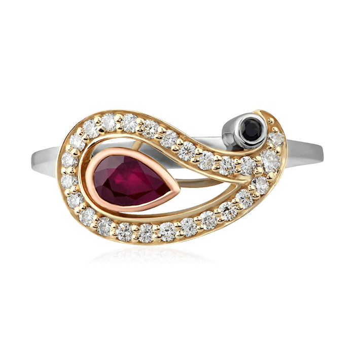 Кольцо с рубином, сапфиром, бриллиантами из комбинированного золота 585 пробы, фото № 2
