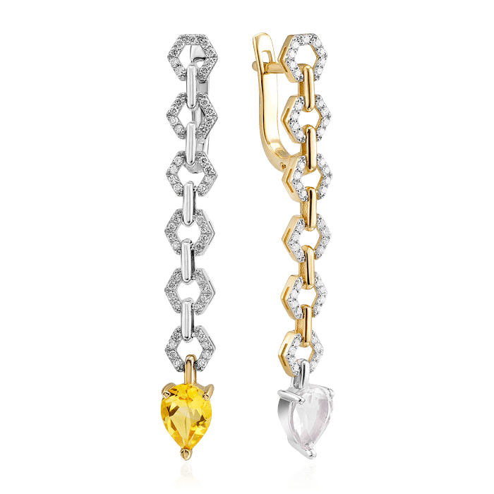 Асимметричные серьги с цитрином, бриллиантами из желтого золота 585 пробы (арт. 92596)
