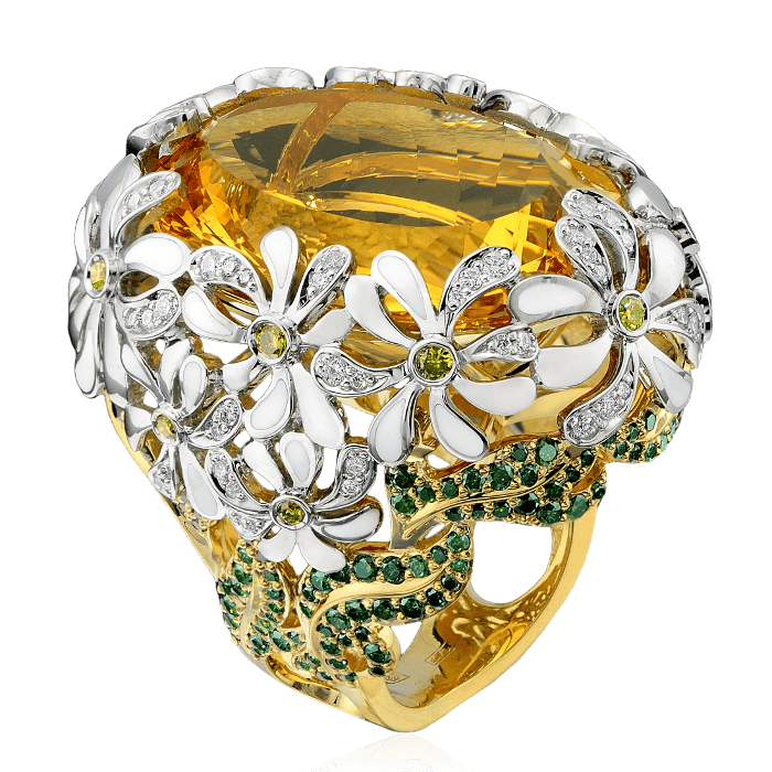 Крупное кольцо букет с цитрином, эмалью, бриллиантами из комбинированного золота 750 пробы (арт. 43744)