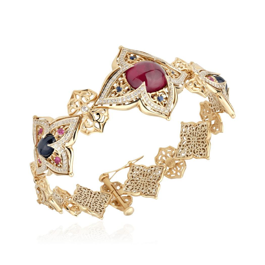 Браслет с рубином, сапфиром, бриллиантами из желтого золота 750 пробы (арт. 93569)