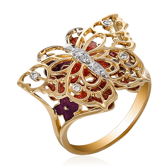 Кольцо Бабочка с эмалью, бриллиантами из комбинированного золота 750, фото № 1