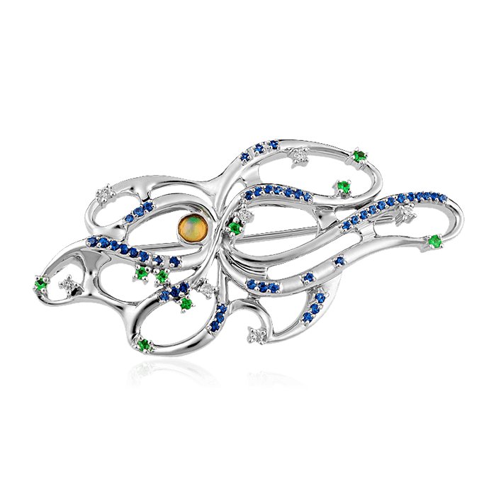 Брошь с сапфиром, бриллиантами, тсаворитом, опалом из белого золота 585 пробы (арт. 67123)