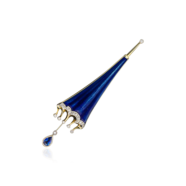 Брошь «Укол зонтиком» с сапфиром, эмалью и бриллиантами из желтого золота 750 пробы (арт. 87927)