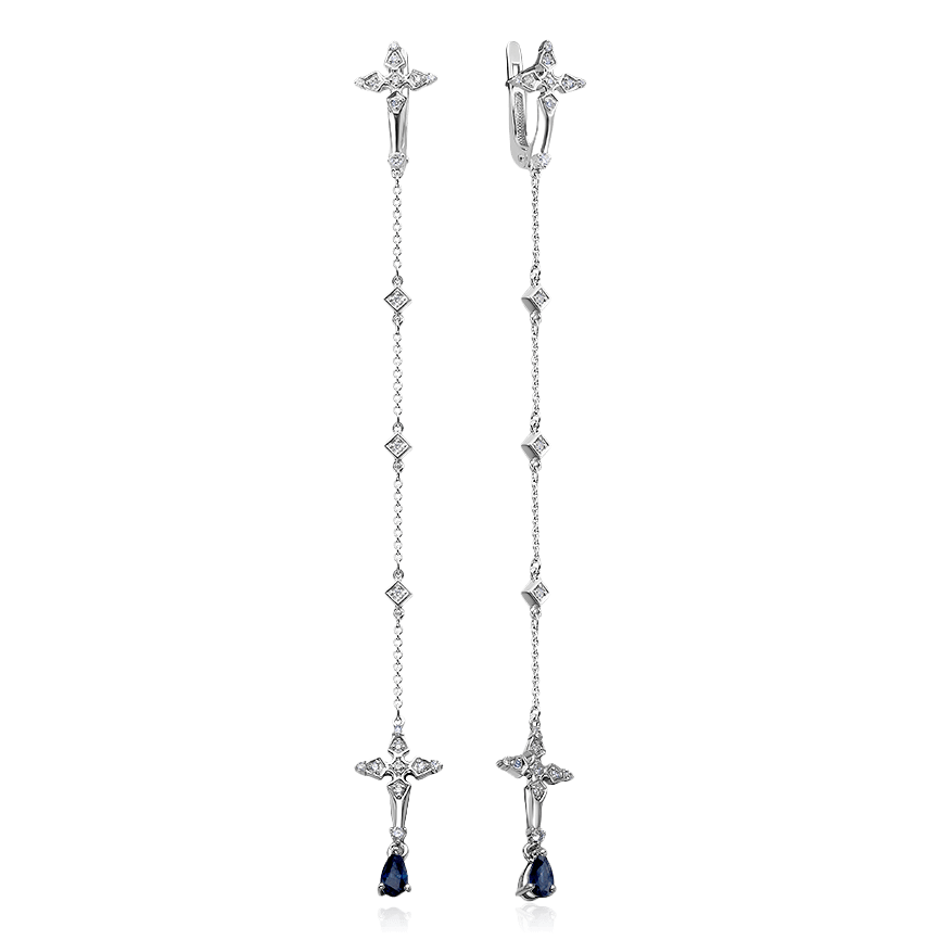 Серьги в виде крестиков с сапфиром, бриллиантами из белого золота 585 пробы, фото № 1