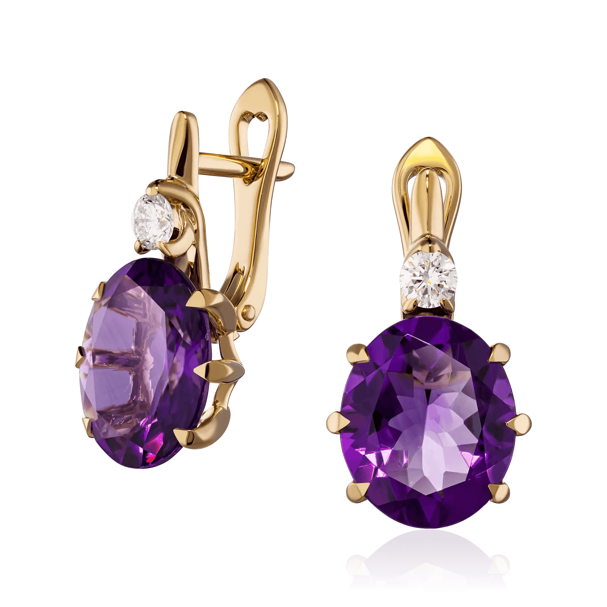 Серьги с аметистом, бриллиантами из желтого золота 585 пробы (арт. 130367)