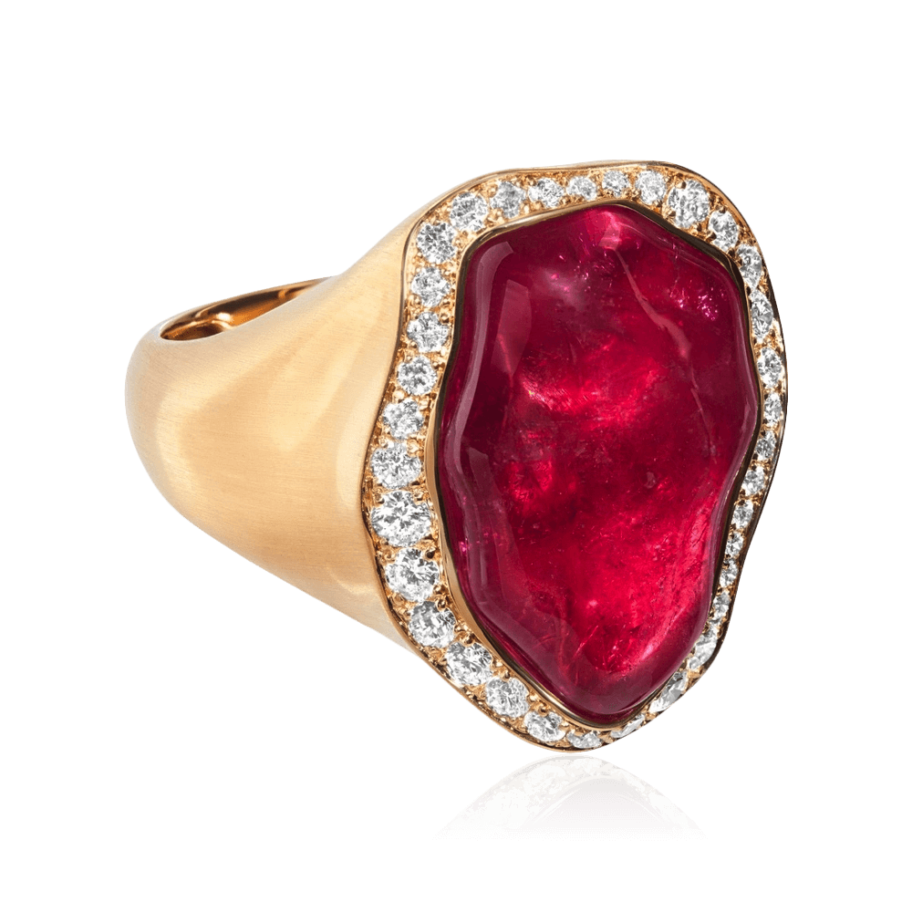 Кольцо с рубеллитом, бриллиантами из желтого золота 750 пробы, фото № 3