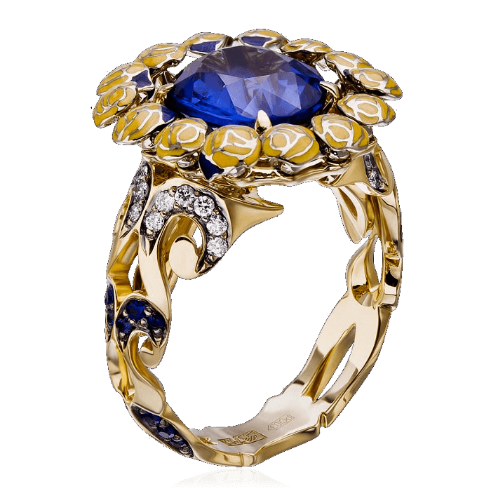 Кольцо с сапфиром, бриллиантами, эмалью из желтого золота 750 пробы (арт. 41201)