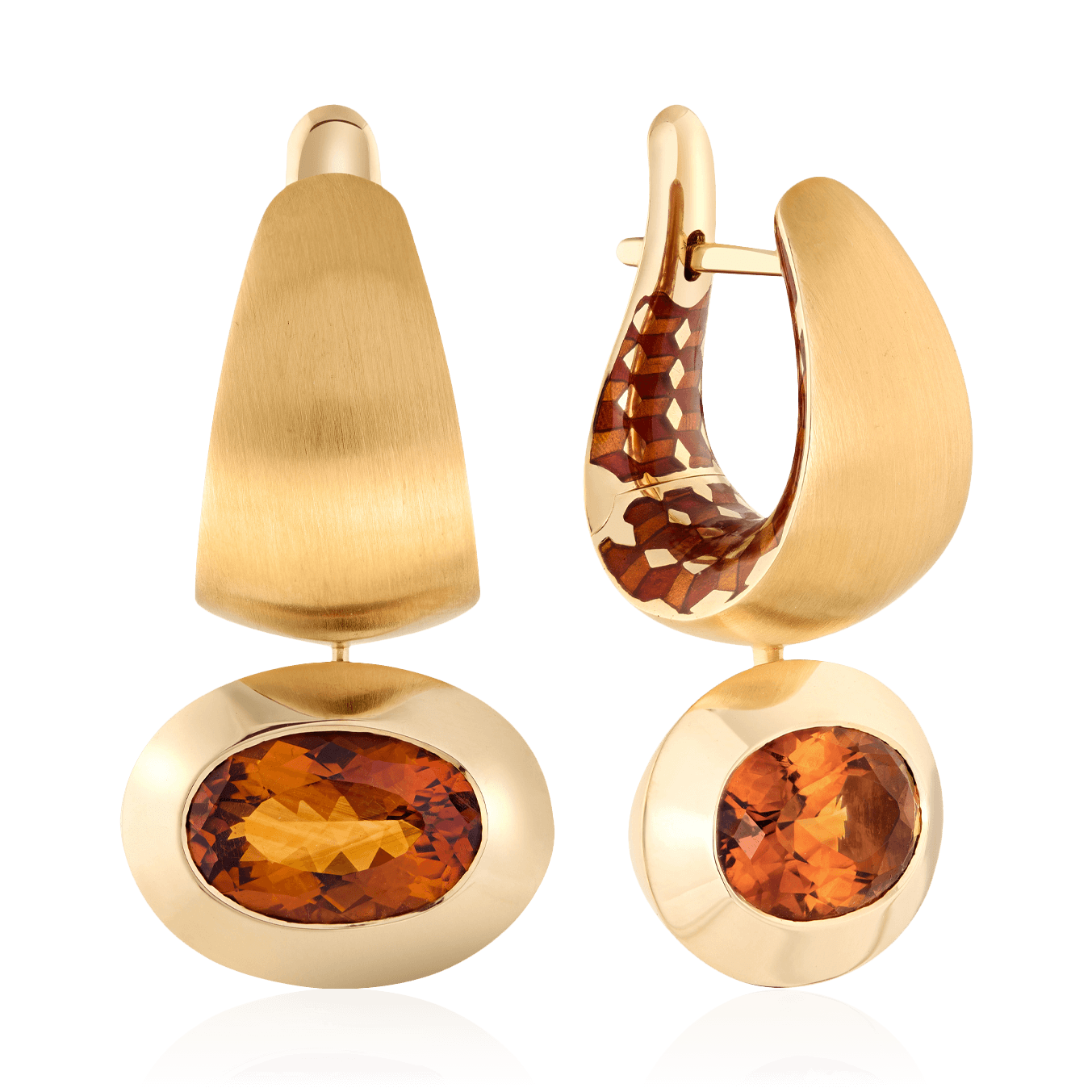 Серьги с цитрином, эмалью из желтого золота 750 пробы (арт. 124280)