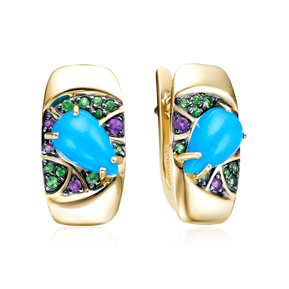 Серьги с аметистом, тсаворитом, бирюзой из желтого золота 585 пробы, фото № 1