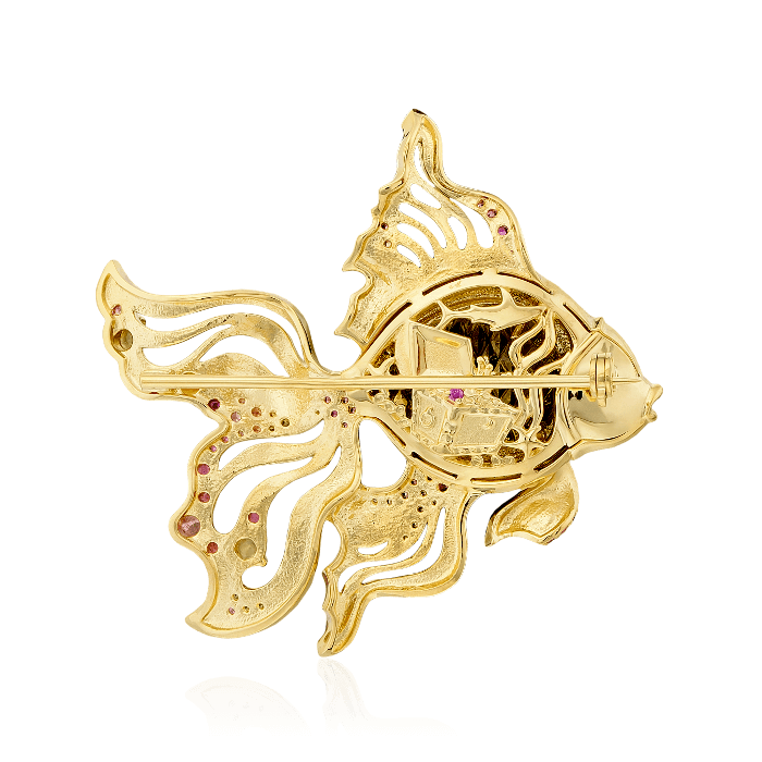 Кулон Рыбка с хризопразом, сапфиром, бриллиантами, демантоидом из желтого золота 750 пробы, фото № 2