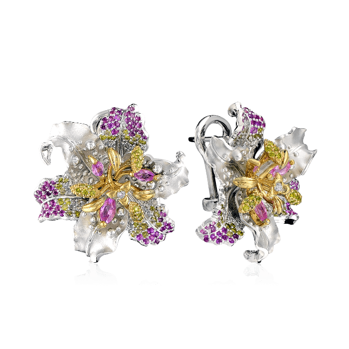 Серьги цветы с сапфиром, бриллиантами, сапфиром фантазийным из белого золота 750 пробы (арт. 36136)