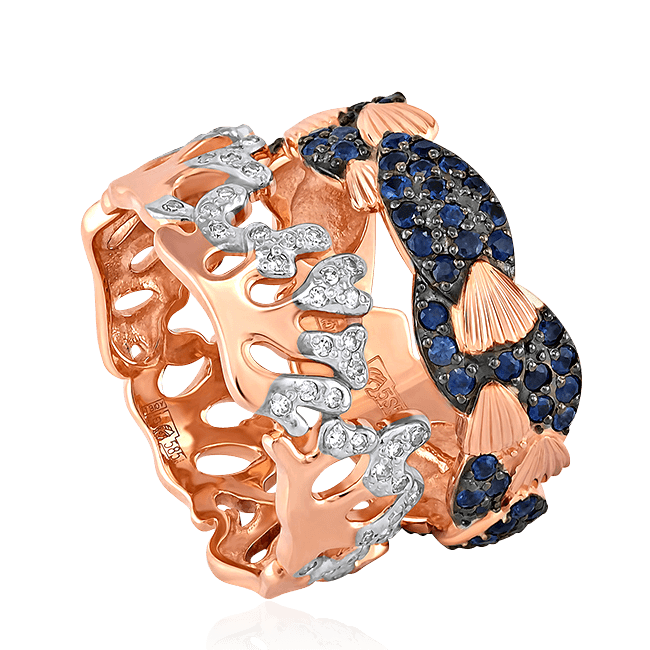 Сборное кольцо в виде юрких рыбешек, окруживших коралловый риф с сапфиром, бриллиантами из красного золота 585 пробы, фото № 1