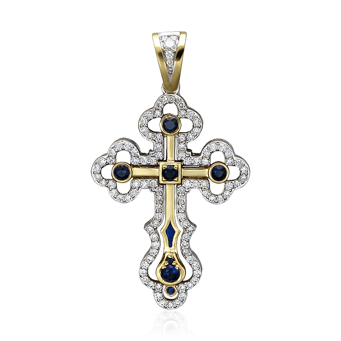 Крестик с сапфиром, бриллиантами, эмалью из комбинированного золота 750 пробы (арт. 74699)