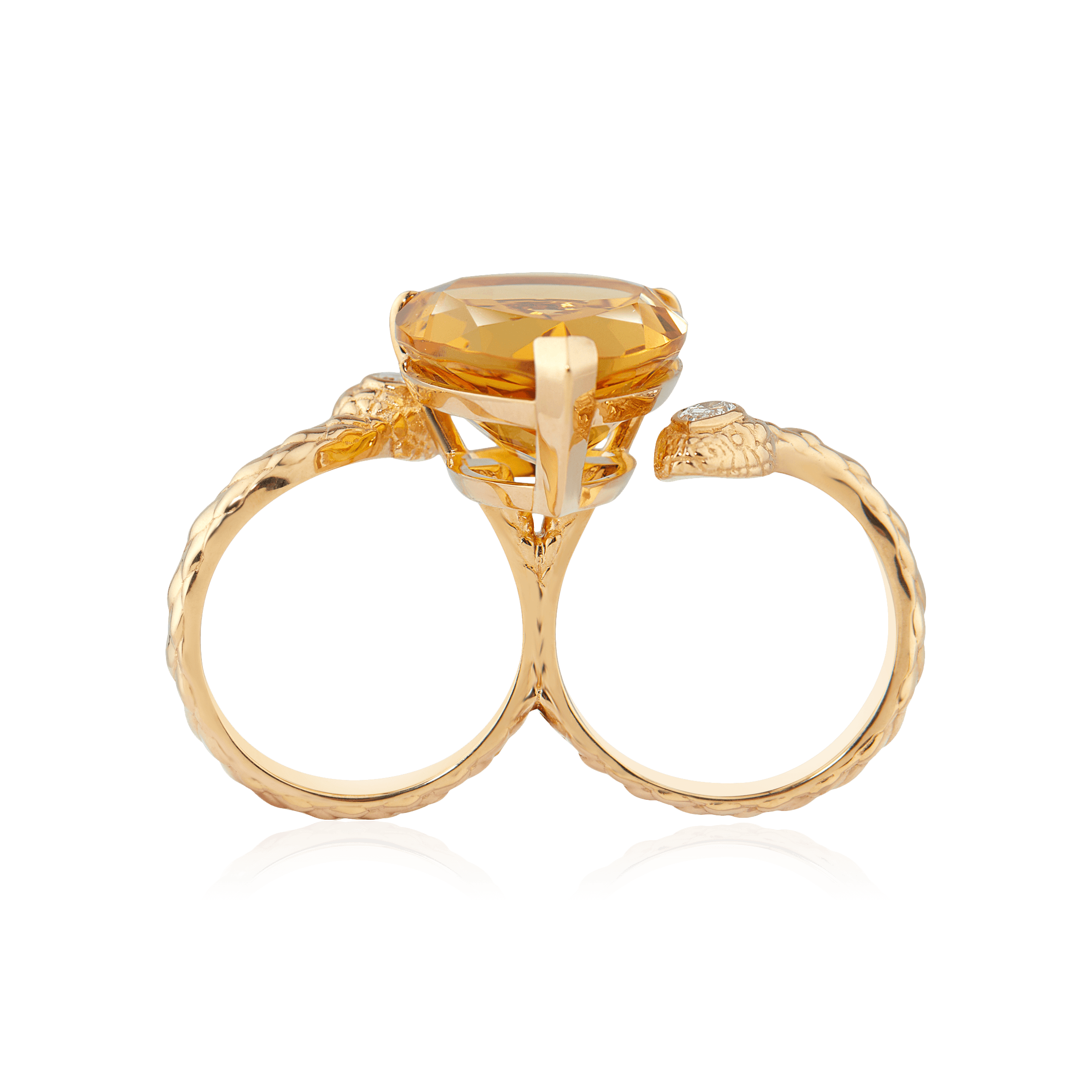 Кольцо на два пальца с цитрином, бриллиантами из желтого золота 750 пробы, фото № 2