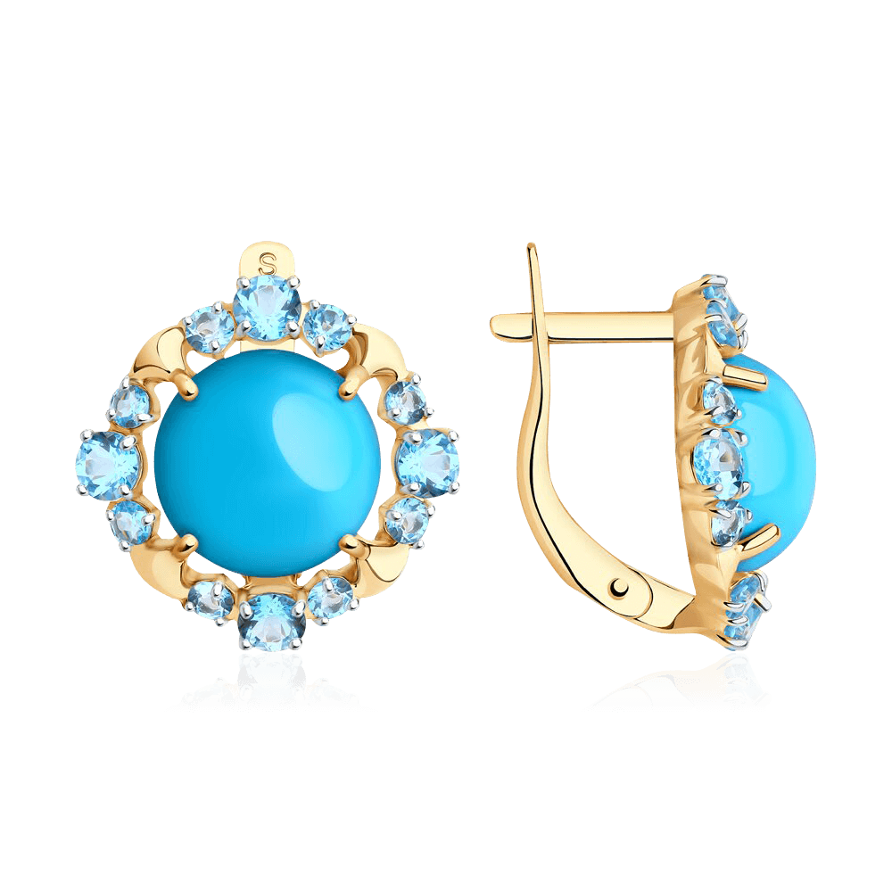 Серьги с топазом, бирюзой из красного золота 585 пробы, фото № 1