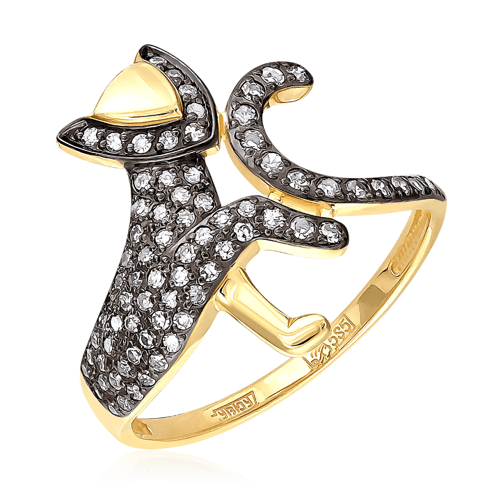 Кольцо в форме котёнка, играющего со своим хвостом, инкрустированное россыпью бриллиантов в желтом золоте 585 (арт. 48878)