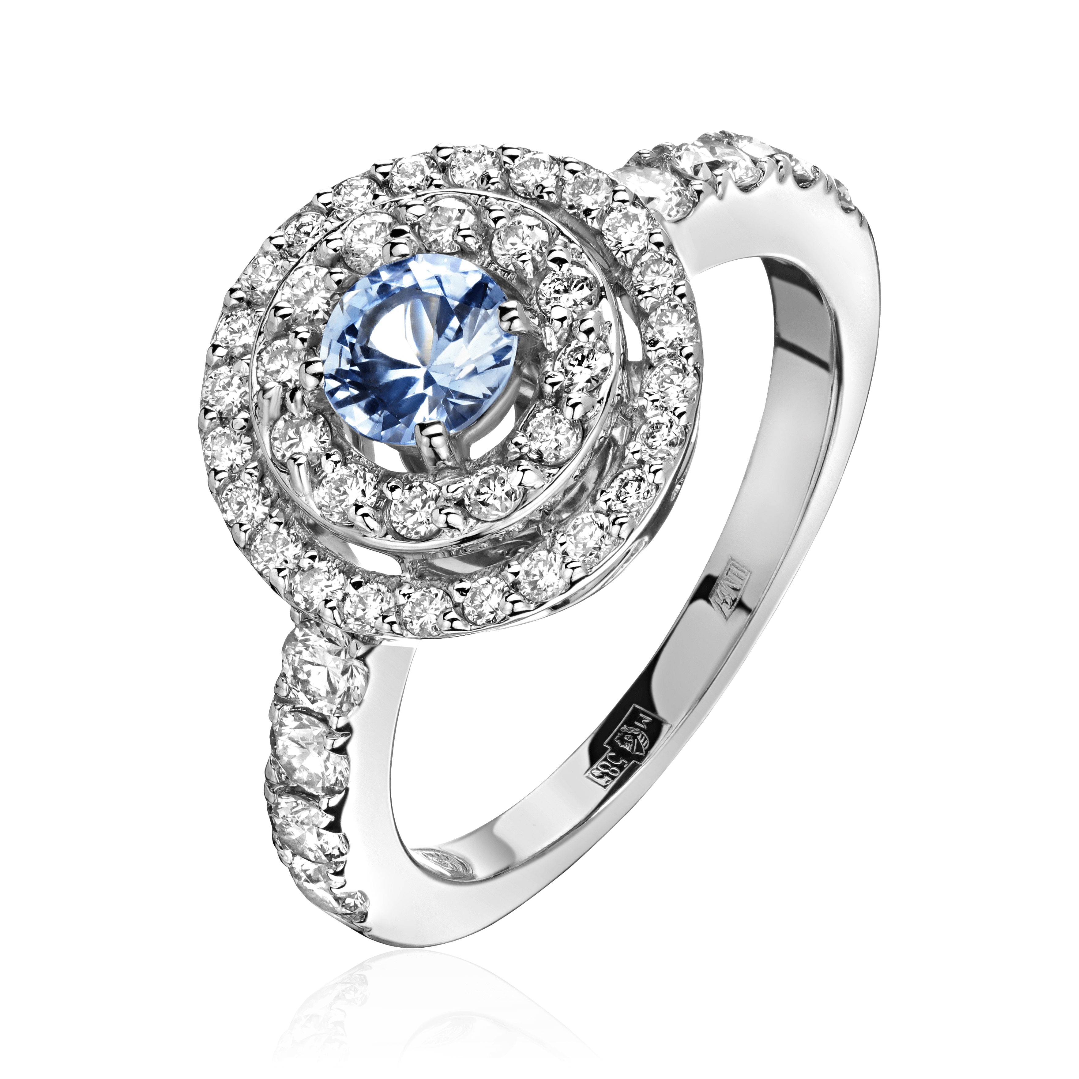 Кольцо с голубым сапфиром, бриллиантами из белого золота 585 пробы (арт. 98547)