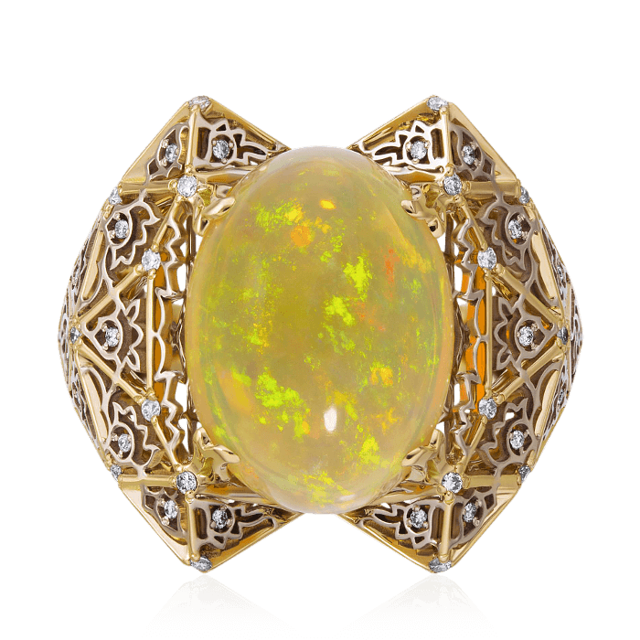 Кольцо с опалом, бриллиантами из желтого золота 750 пробы, фото № 2