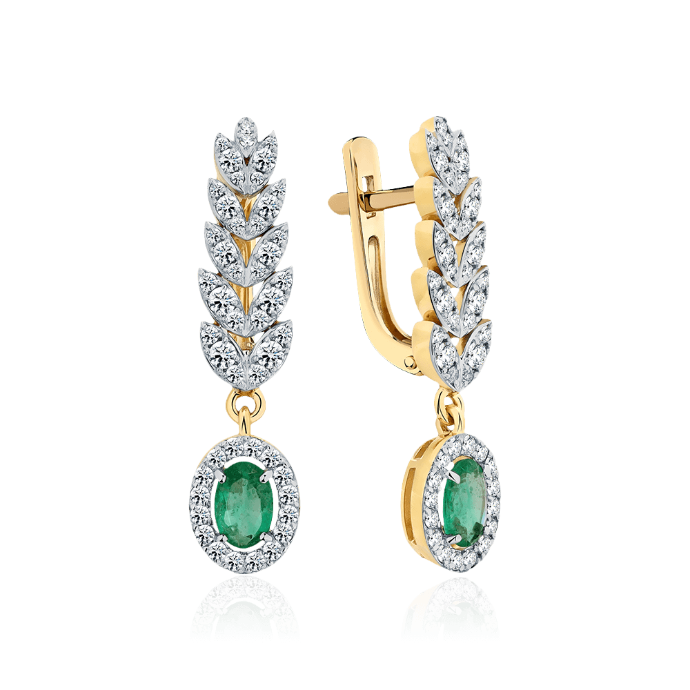 Серьги с изумрудом, бриллиантами из желтого золота 585 пробы (арт. 123170)