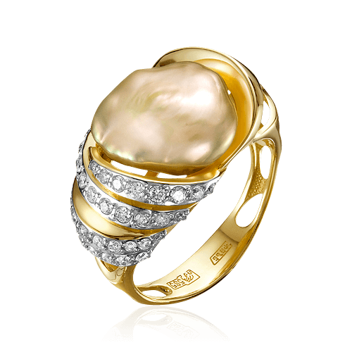 Кольцо с жемчугом, бриллиантами из комбинированного золота 585 пробы (арт. 66236)