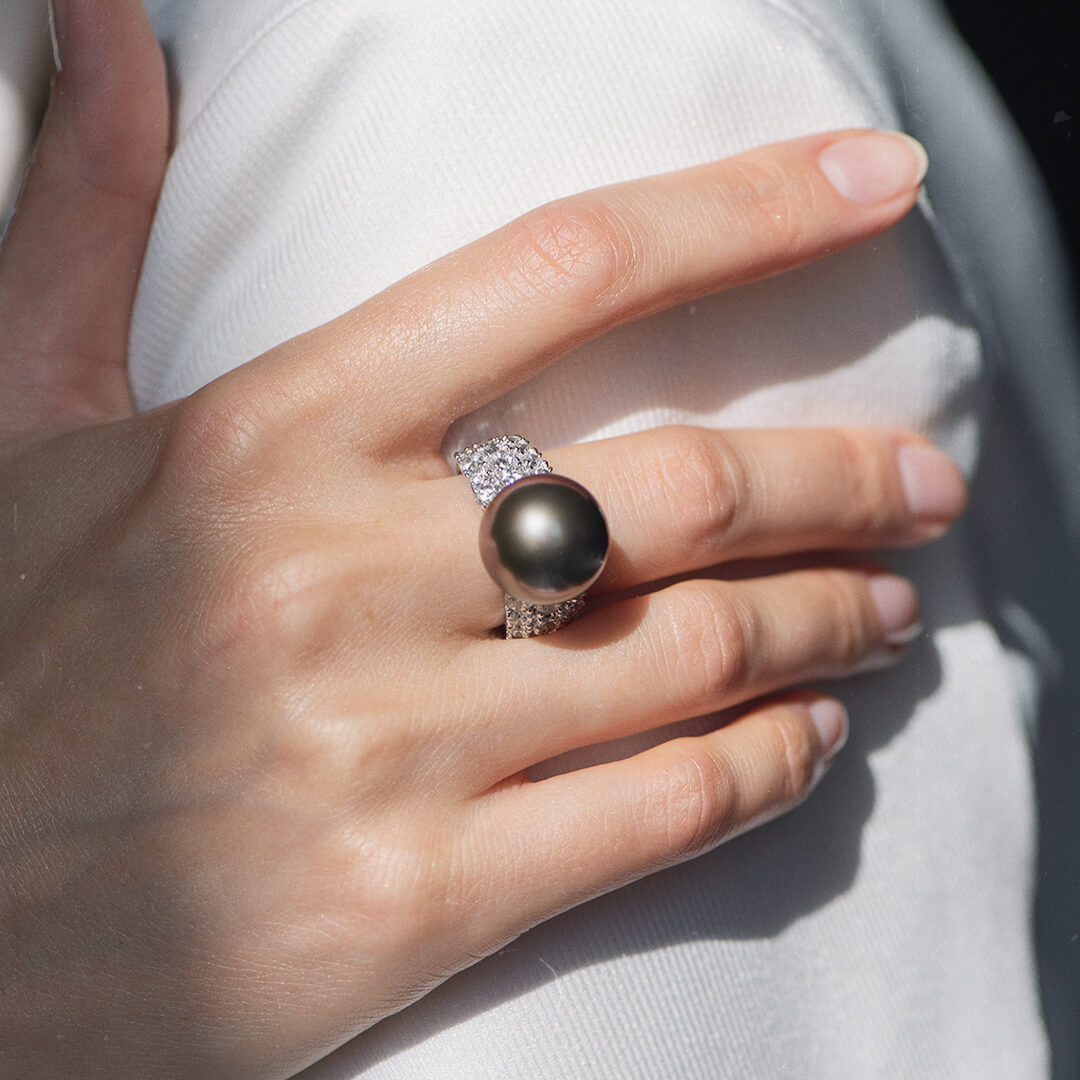 Кольцо с бриллиантами, жемчугом из белого золота 585 пробы, фото № 6