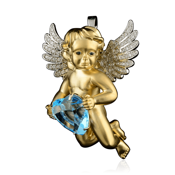 Кулон Ангел с топазом, сапфирами и бриллиантами в желтом и белом золоте 585 пробы (арт. 28219)
