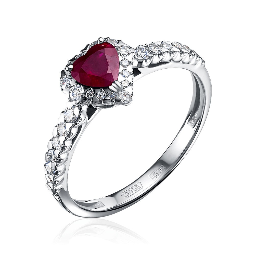 Кольцо огранки сердце с рубином, бриллиантами из белого золота 585 пробы, фото № 1