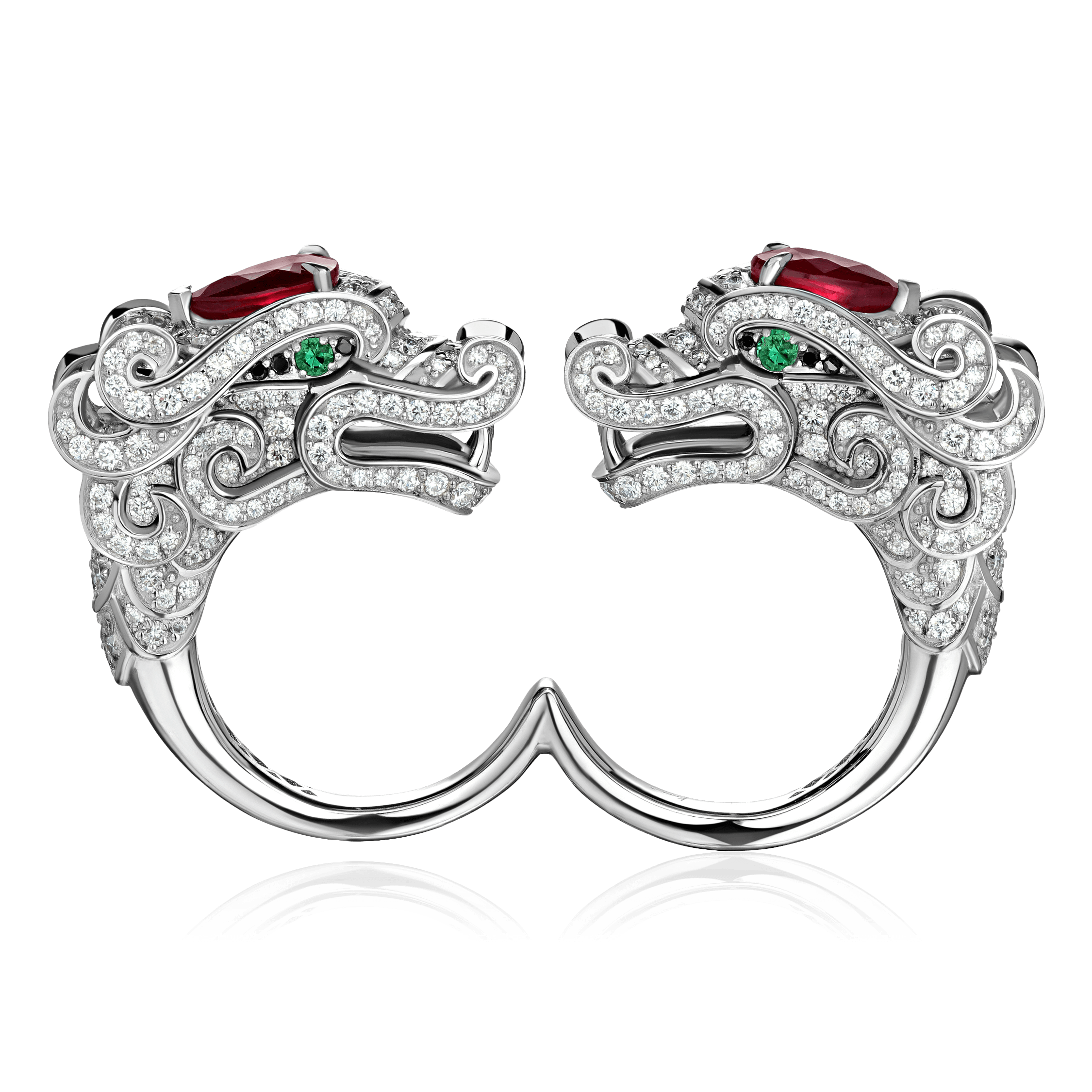 Кольцо Дракон с рубинами, изумрудами, бриллиантами из белого золота 750 пробы, фото № 2
