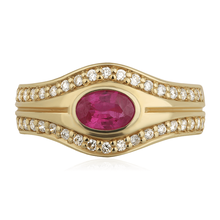 Кольцо с рубином, бриллиантами из желтого золота 585 пробы, фото № 2