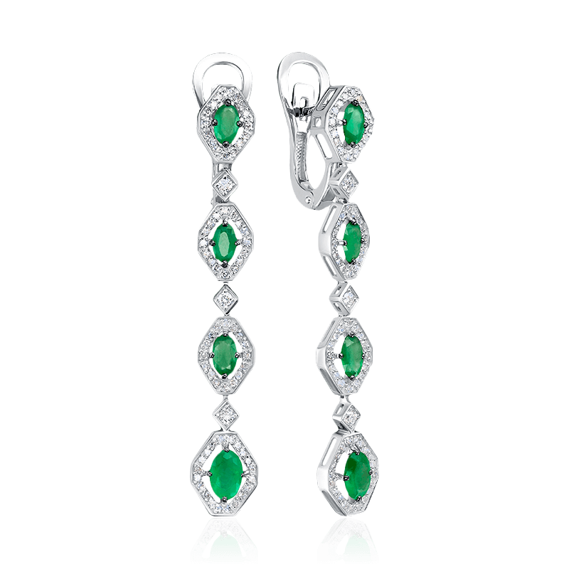 Серьги с изумрудом, бриллиантами из белого золота 585 пробы (арт. 122588)