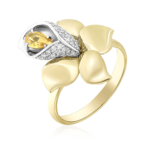 Кольцо в виде цветка с сапфиром, бриллиантами из желтого золота 585 пробы, фото № 1