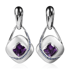 Серьги с аметистом, сапфирами в белом золоте 750 пробы (арт. 35022)