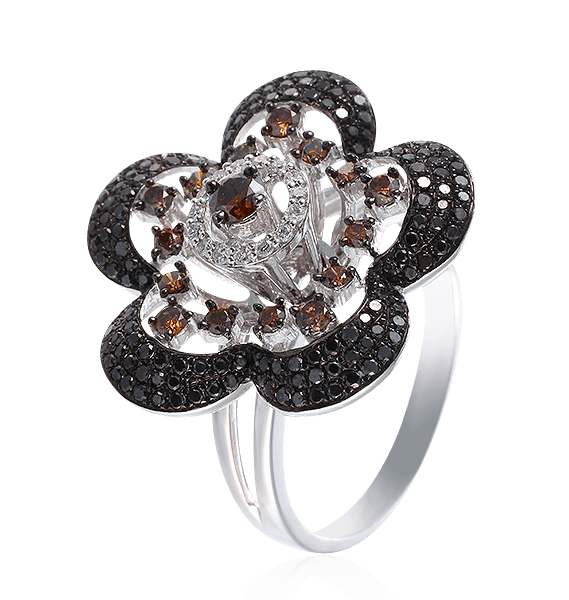 Кольцо с черными, коричневыми и белыми бриллиантами в белом золоте 585, фото № 1