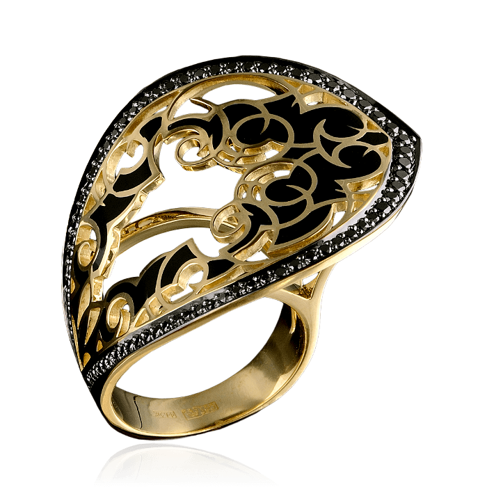 Кольцо с черными бриллиантами, эмалью в желтом золоте 750 (арт. 28172)
