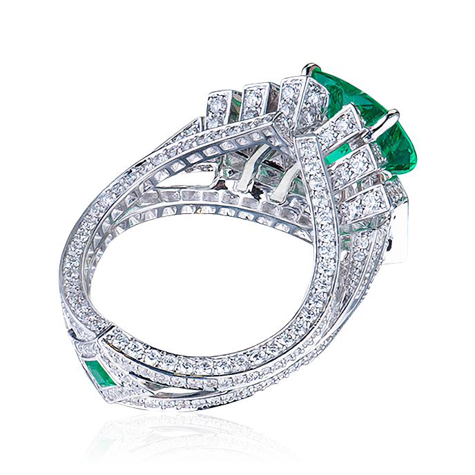 Кольцо с изумрудом огранки сердце, бриллиантами из белого золота 750 пробы, фото № 3