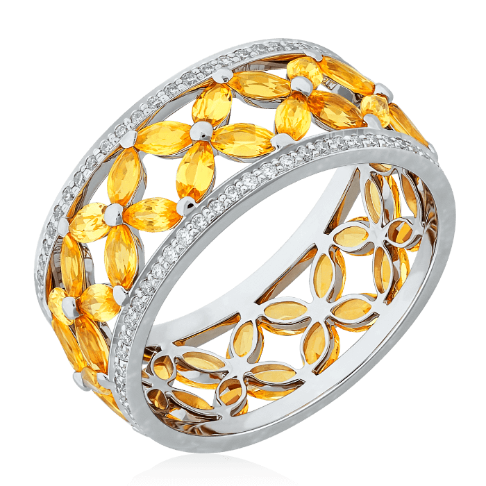 Кольцо с желтыми сапфирами и бриллиантами в белом золоте 585 пробы, фото № 1