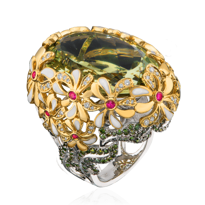 Кольцо с празиолитом, цветными сапфирами, эмалью и бриллиантами в белом и желтом золоте 750 пробы (арт. 34596)