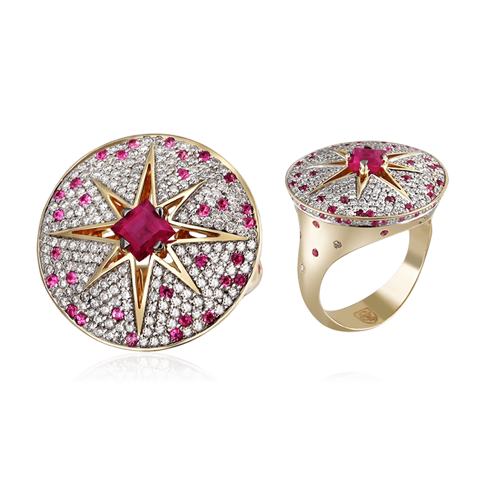 Кольцо с рубином, розовыми сапфирами, бриллиантами из желтого золота 585 пробы (арт. 81829)