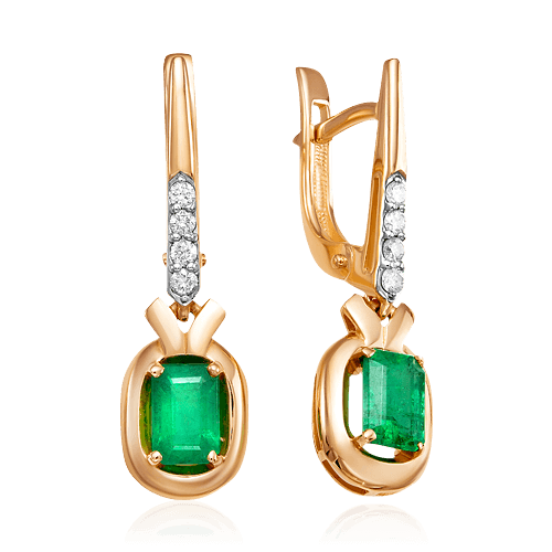 Серьги с изумрудом, бриллиантами из красного золота 585 пробы (арт. 66487)