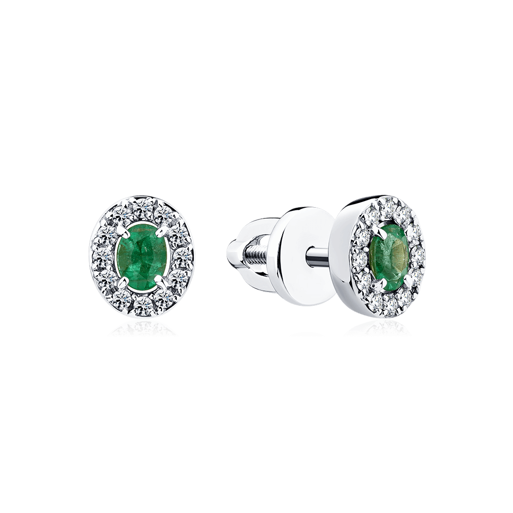 Серьги с изумрудом, бриллиантами из белого золота 585 пробы (арт. 126310)