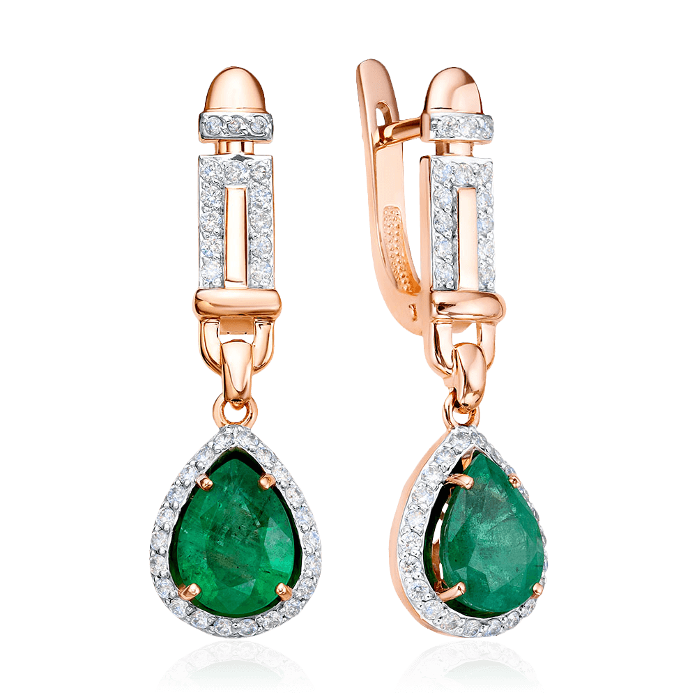 Серьги с изумрудом, бриллиантами из красного золота 585 пробы (арт. 124161)