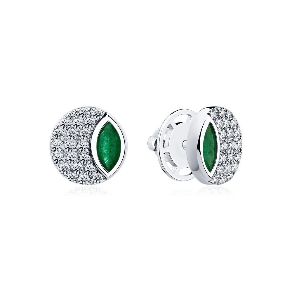 Серьги с изумрудом, бриллиантами из белого золота 585 пробы (арт. 126314)
