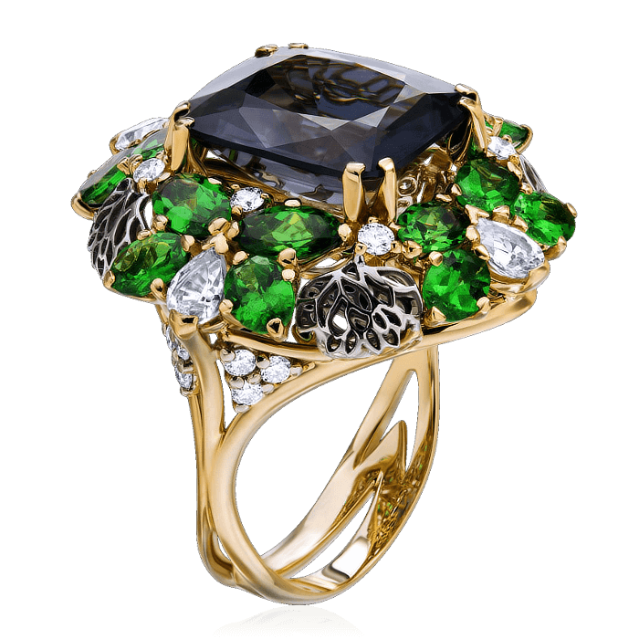 Кольцо с шпинелью, бриллиантами, тсаворитом, цветными сапфирами из комбинированного золота 750 пробы, фото № 2