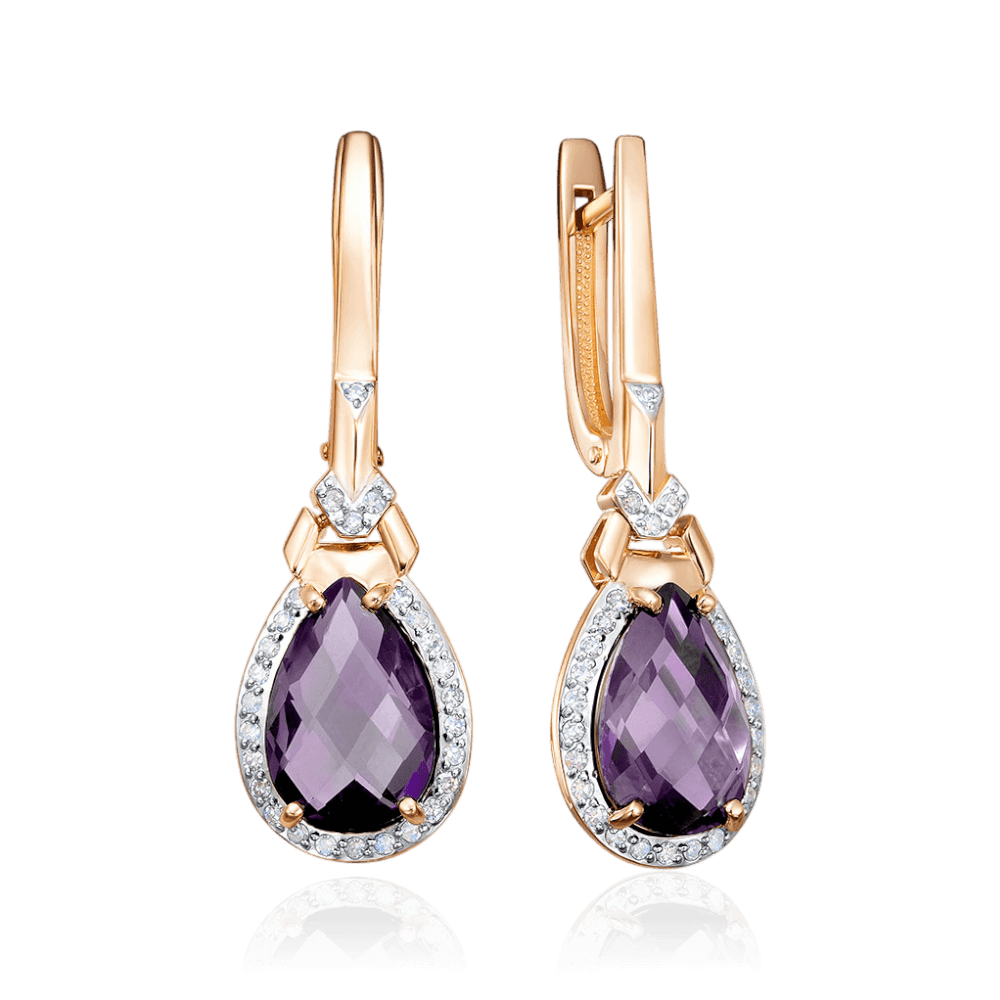 Серьги с аметистом, бриллиантами из желтого золота 585 пробы (арт. 132317)