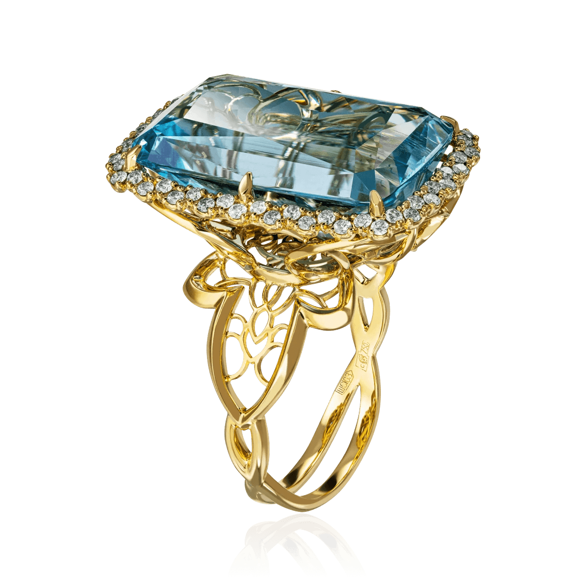 Кольцо с аквамарином, бриллиантами  из желтого золота 750 пробы, фото № 2