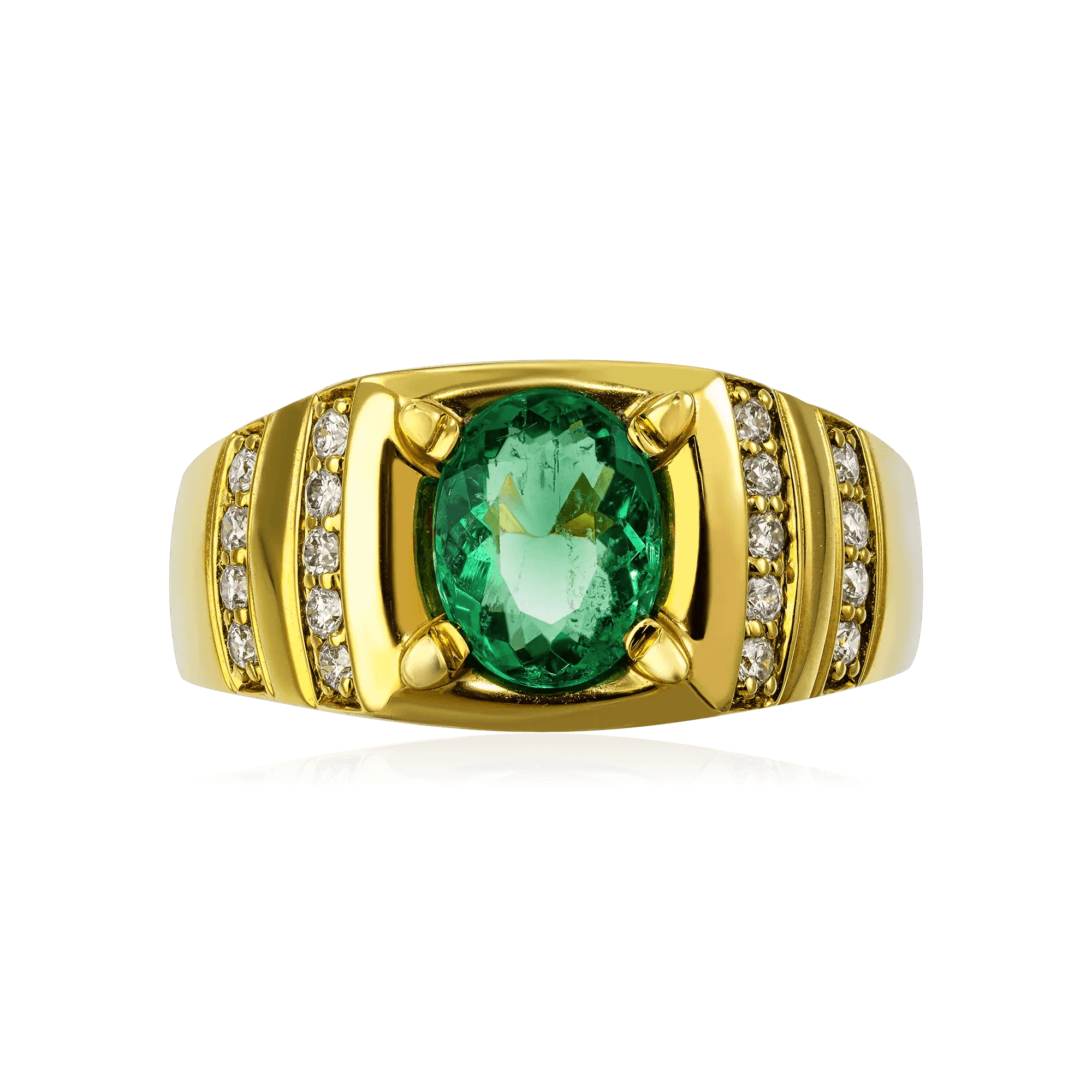 Мужское кольцо с изумрудом, бриллиантами из желтого золота 750 пробы, фото № 2