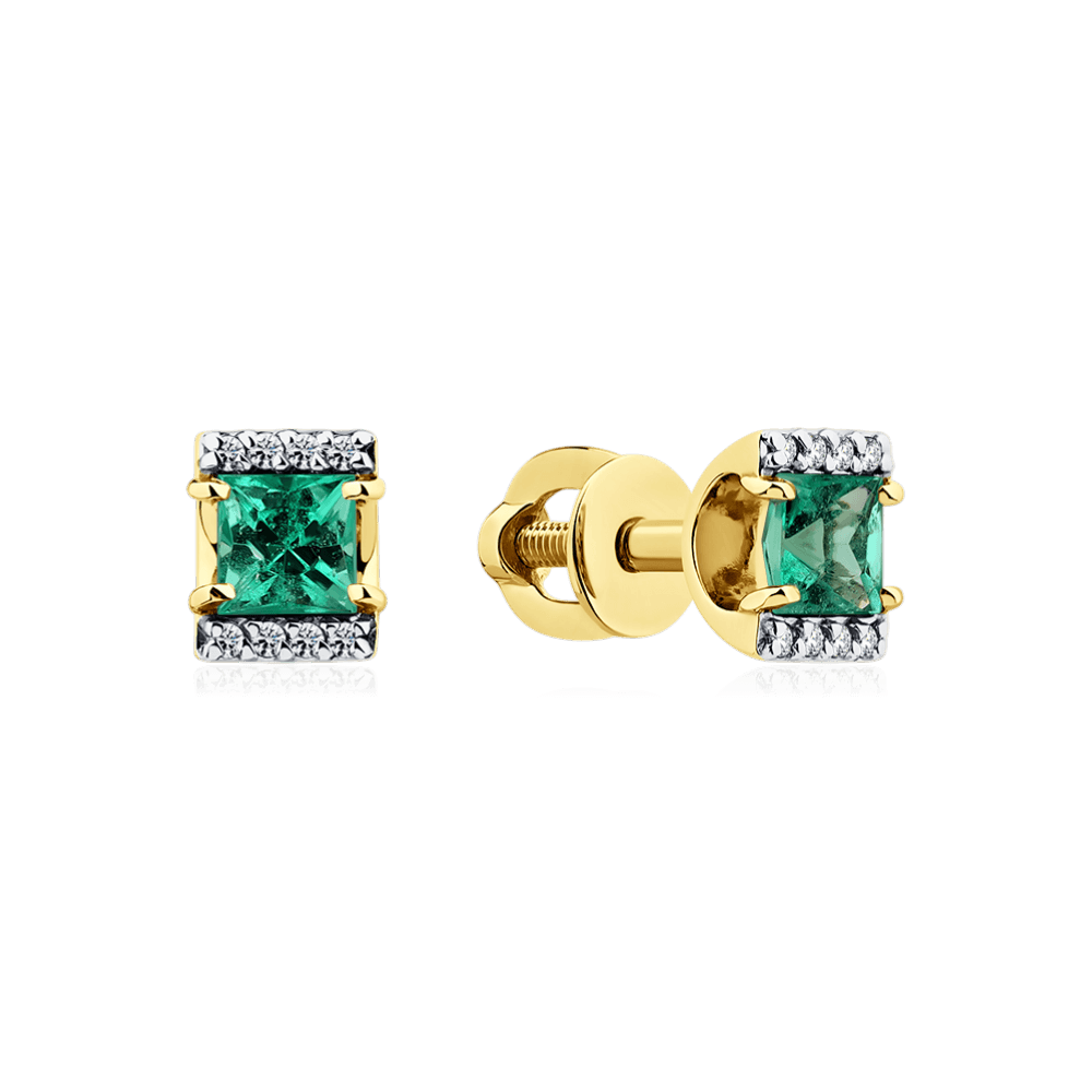 Серьги с изумрудом, бриллиантами из желтого золота 585 пробы (арт. 127090)
