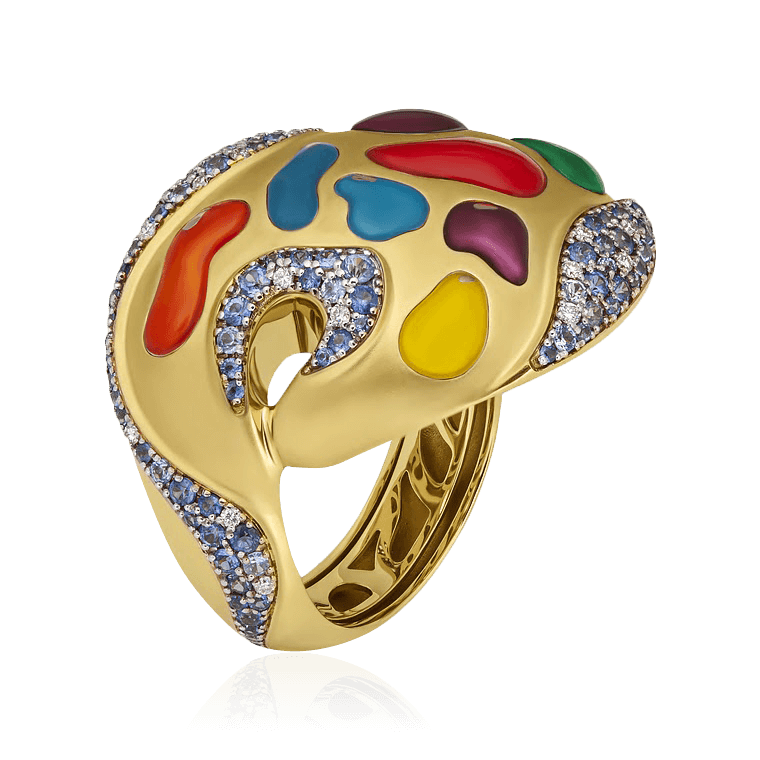 Кольцо Палитра с сапфиром, бриллиантами, эмалью из желтого золота 750 пробы, фото № 1